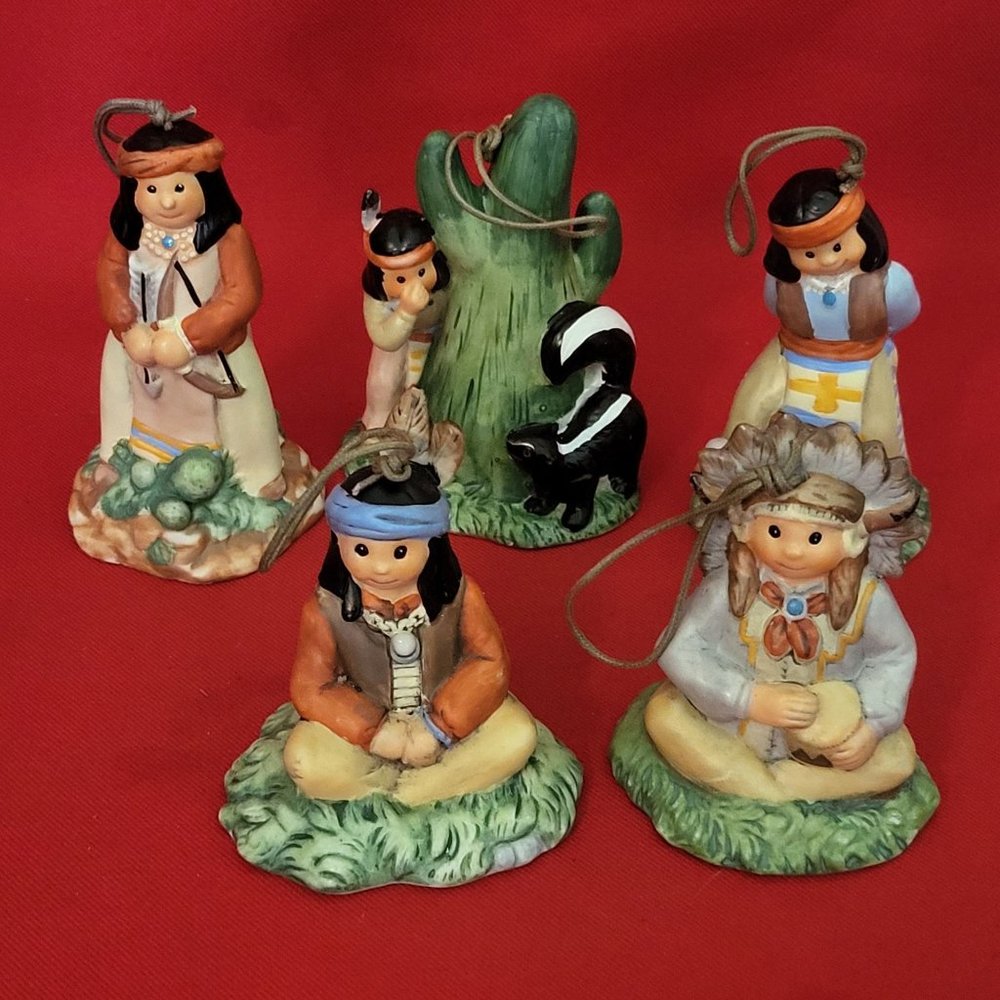 Vintage Native American Indian Figurines Bell Ornaments Set of 5